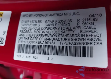 2018 Honda Accord Sport from USA, damaged, VIN 1HGCV1F39JA160123